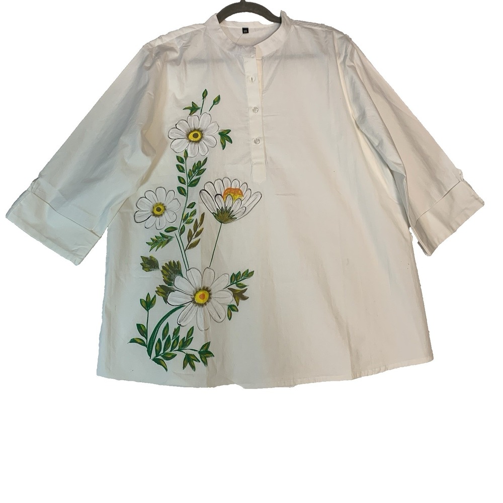 Hand Painted White Cotton Blouse XXL  Floral India Boho Art to Wear 42" NWOT - Picture 2 of 11